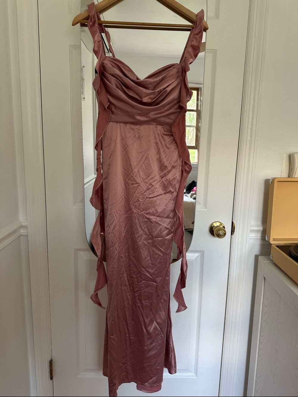 Selfie Leslie Dusty Rose Satin Maxi Dress with Ruffle Details